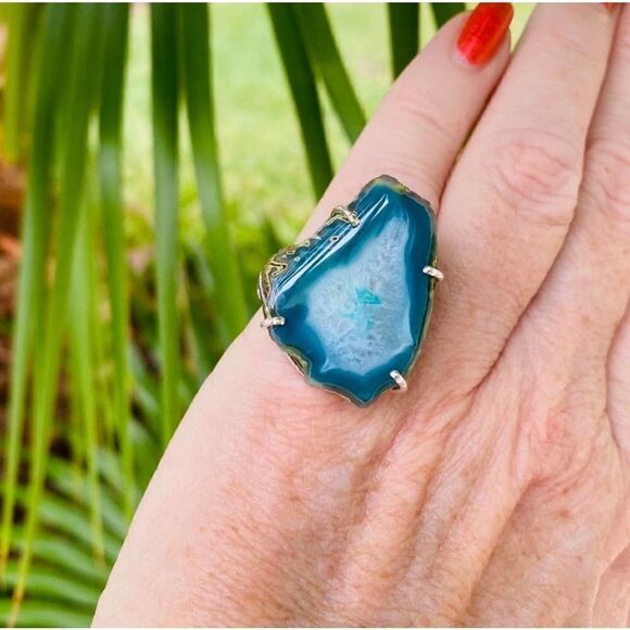 Marine Blue Agate Geode Sterling Silver Ring Size 6 - Picture 11 of 12